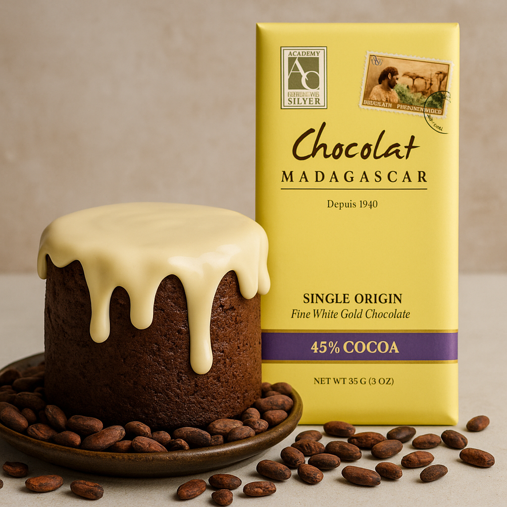 White chocolate ganache–covered cake surrounded by cocoa beans, with a Chocolat Madagascar 45% Fine White Gold Chocolate bar standing behind it.